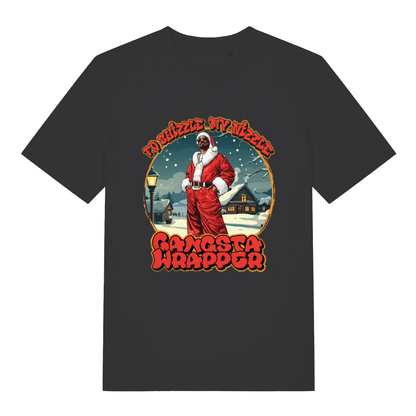 Black Fo Shizzle T-shirt flat lay with Snoop Dogg Santa "To Shizzle My Nizzle Gangsta Wrapper" graphic