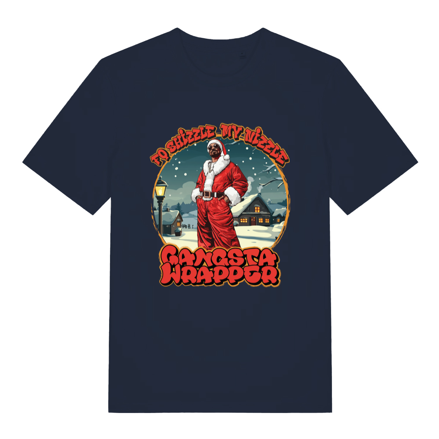 French Navy Fo Shizzle T-shirt flat lay featuring funny Christmas Gangsta Wrapper design