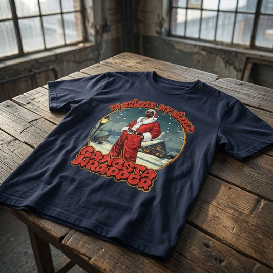 French navy Fo Shizzle My Nizzle Gangsta Wrapper t-shirt on wood featuring Snoop Santa, funny dogg mens christmas graphic