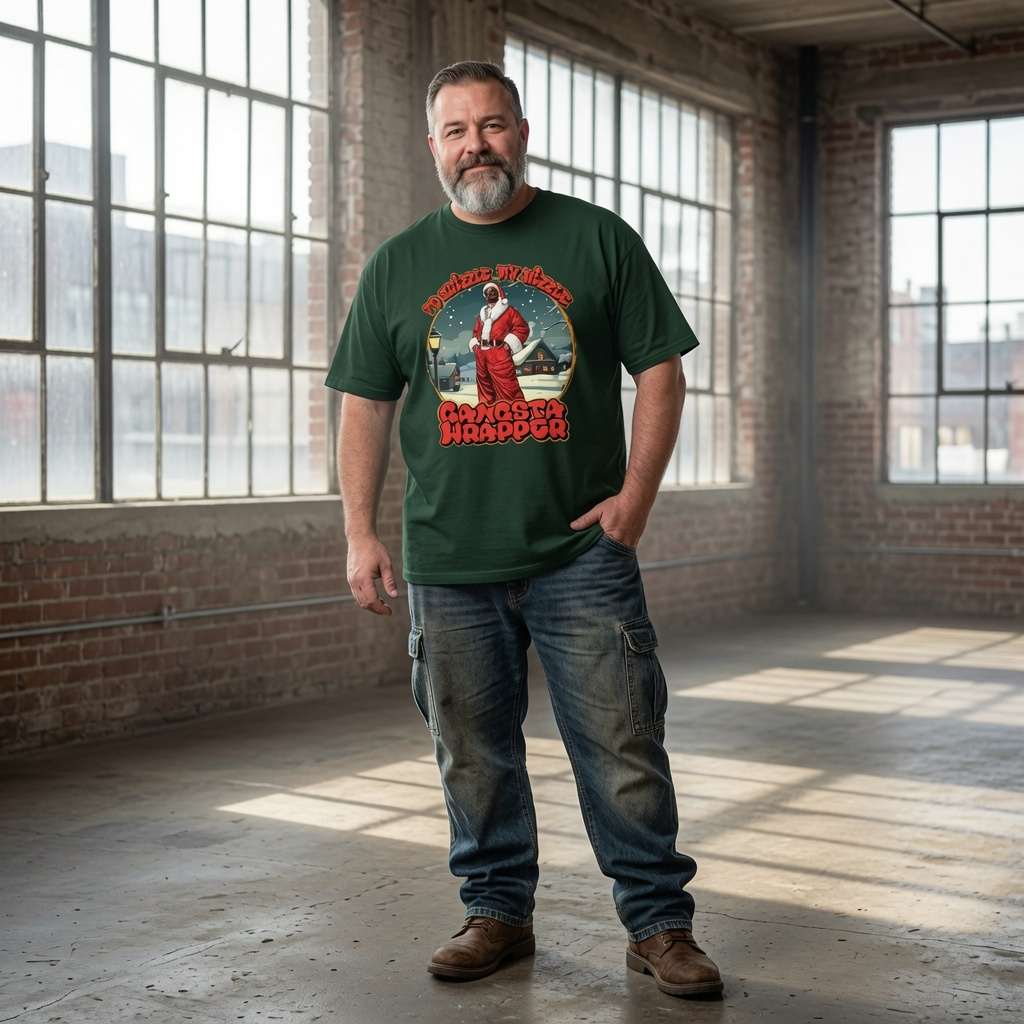 Man standing with hand in pocket in glazed green Fo Shizzle My Nizzle Gangsta Wrapper tee, funny gangster xmas graphic