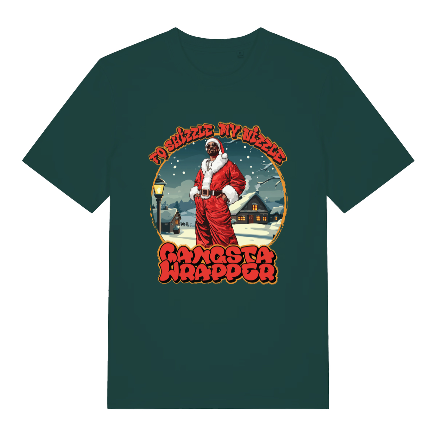 Glazed Green Fo Shizzle T-shirt flat lay showing Snoop as Santa festive illustration