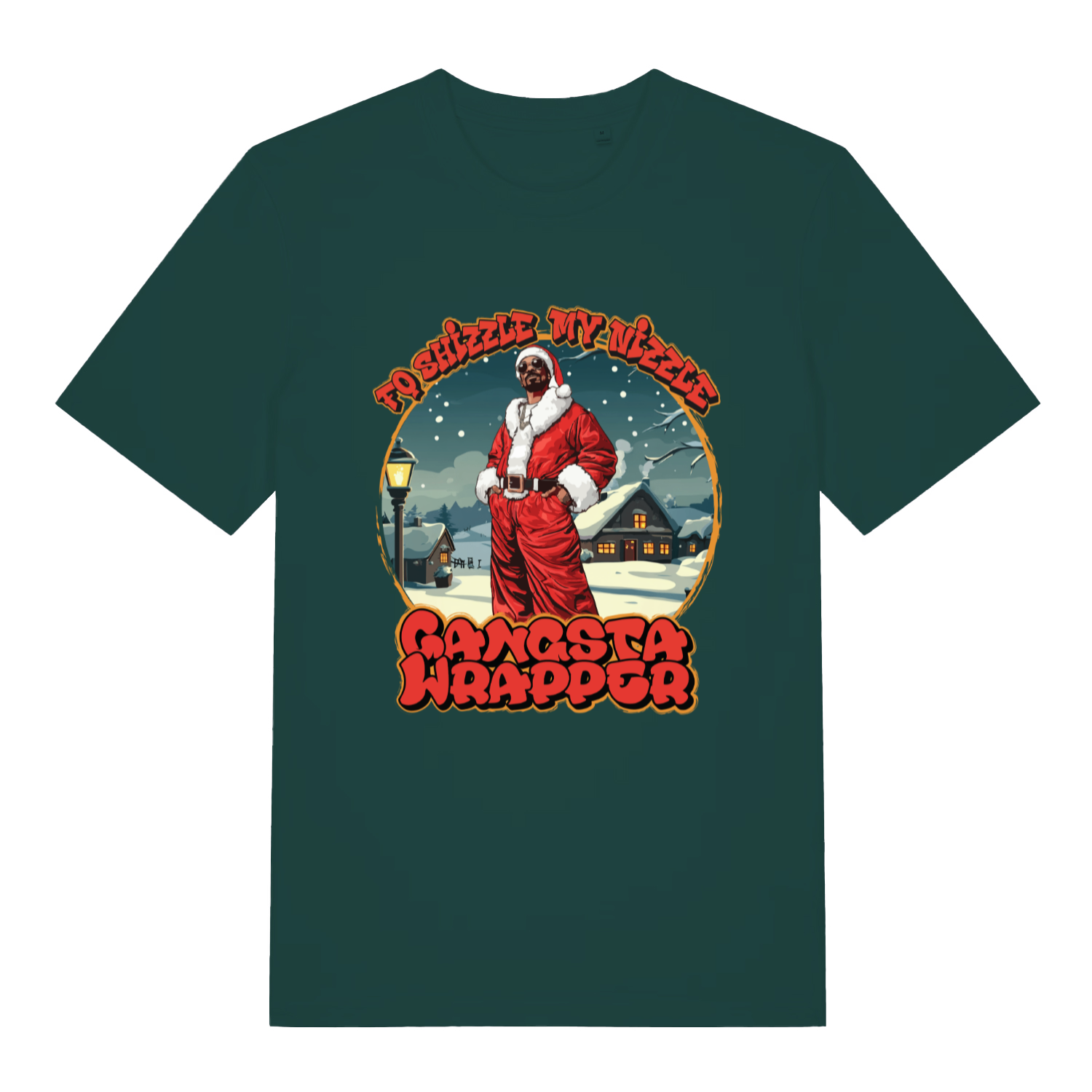 Glazed Green Fo Shizzle T-shirt flat lay showing Snoop as Santa festive illustration