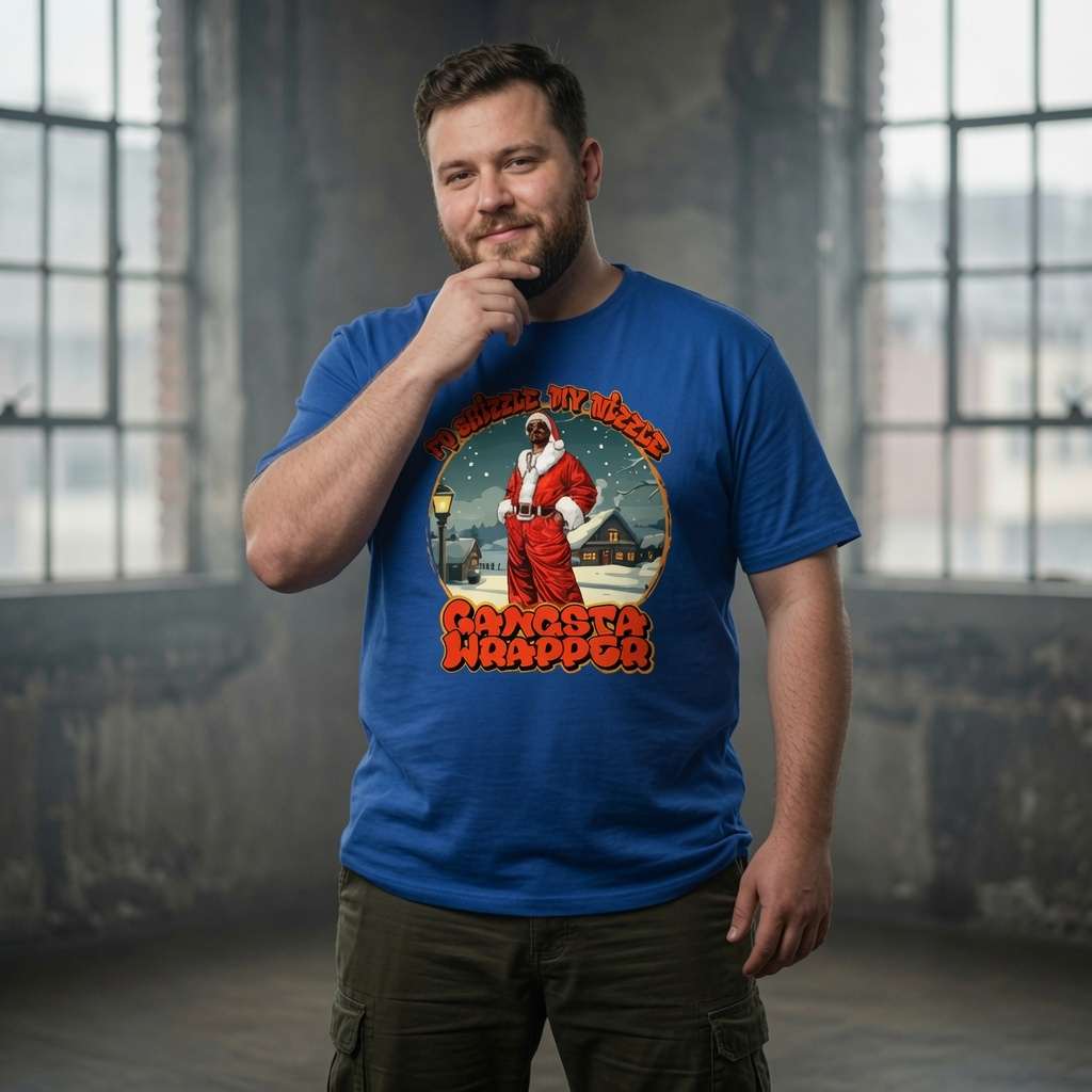 Bearded man with hand on chin in worker blue Fo Shizzle My Nizzle Gangsta Wrapper t-shirt, funny mens dogg xmas graphic