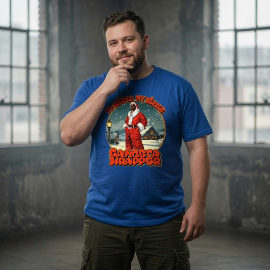 Bearded man with hand on chin in worker blue Fo Shizzle My Nizzle Gangsta Wrapper t-shirt, funny mens dogg xmas graphic