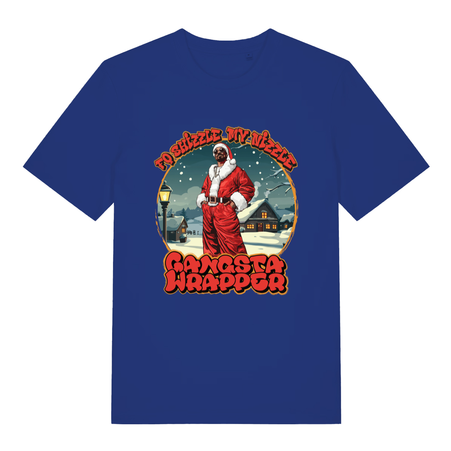 Worker Blue Fo Shizzle T-shirt flat lay displaying hilarious Snoop Dogg Santa pun tee