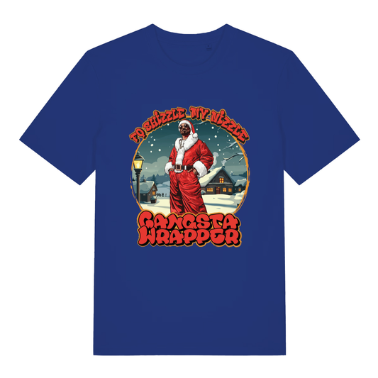 Worker Blue Fo Shizzle T-shirt flat lay displaying hilarious Snoop Dogg Santa pun tee