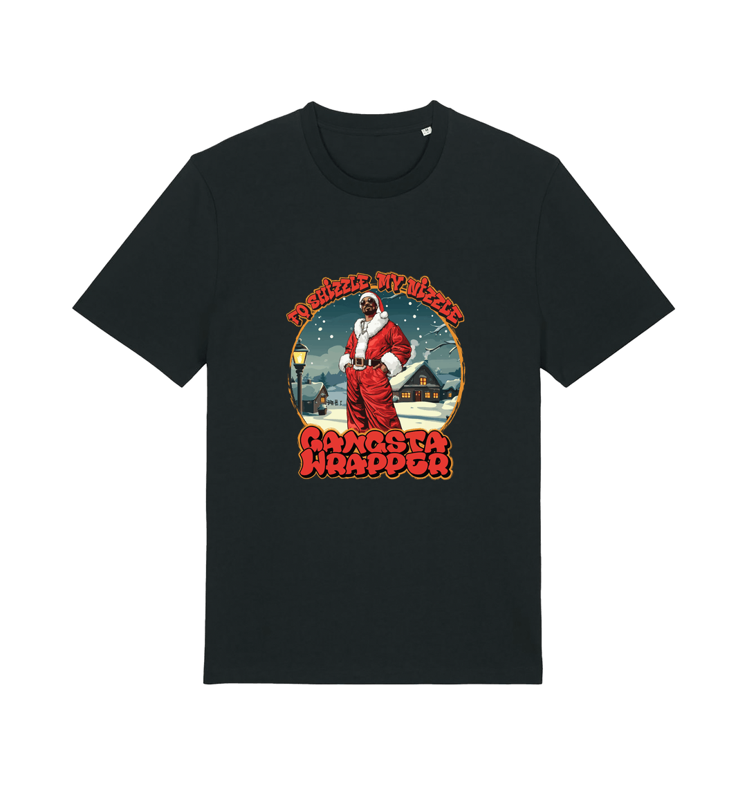 black xmas t-shirt with the graphic of snoop dogg dressed as santa claus and the logan 'fo shizzle my nizzle gangsta wrapper'