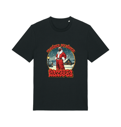 black xmas t-shirt with the graphic of snoop dogg dressed as santa claus and the logan 'fo shizzle my nizzle gangsta wrapper'