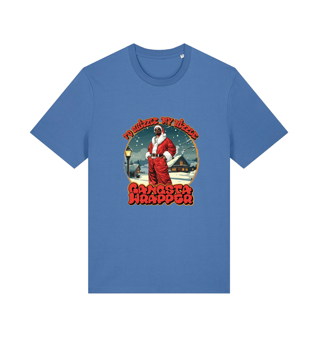 blue xmas t-shirt with the graphic of snoop dogg dressed as santa claus and the logan 'fo shizzle my nizzle gangsta wrapper'