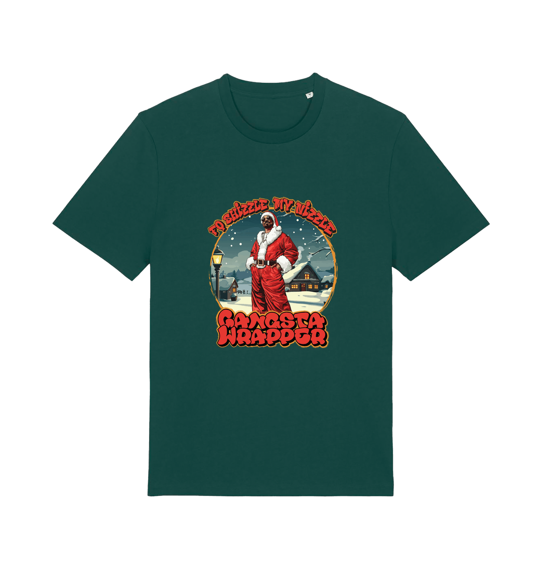 green xmas t-shirt with the graphic of snoop dogg dressed as santa claus and the logan 'fo shizzle my nizzle gangsta wrapper'