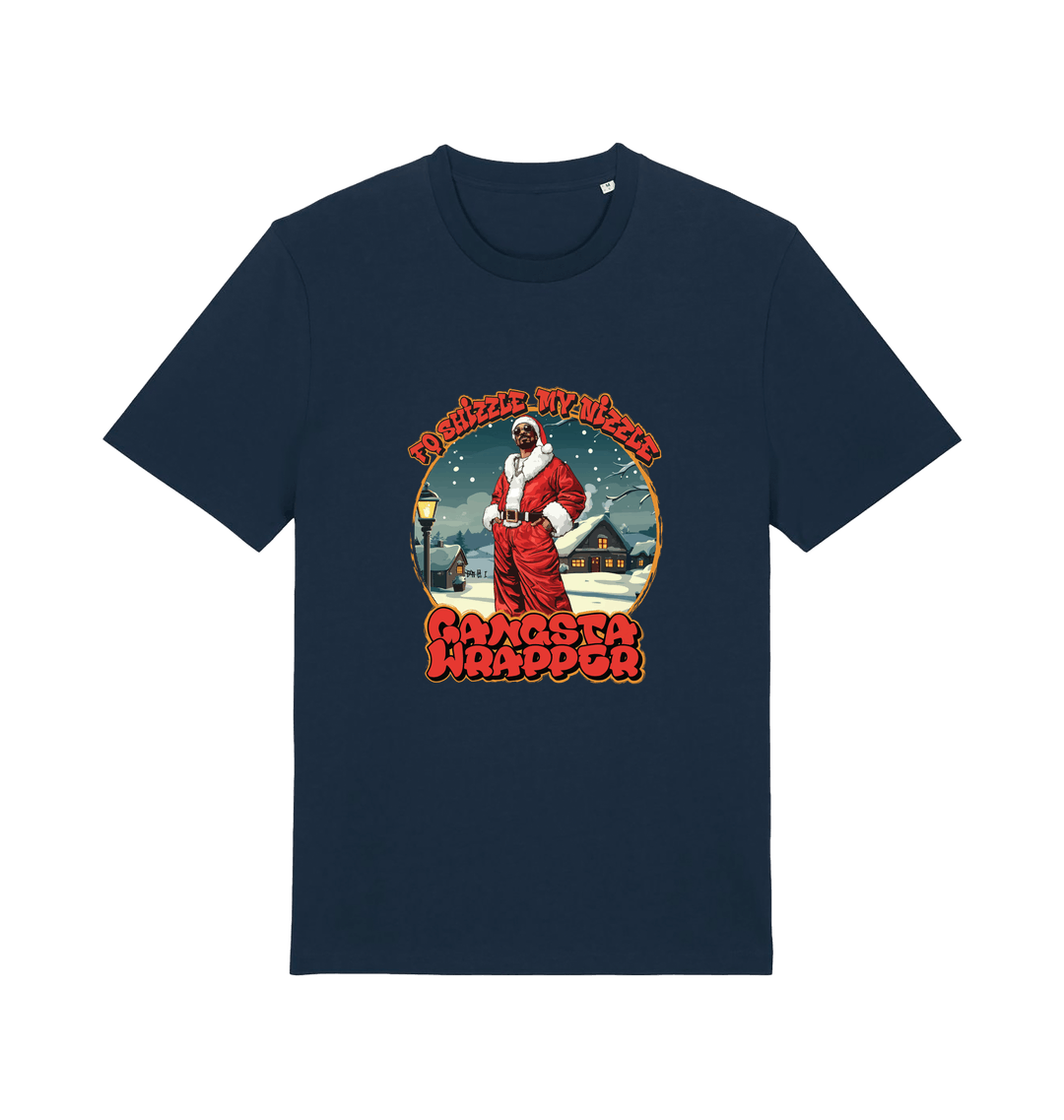 navy xmas t-shirt with the graphic of snoop dogg dressed as santa claus and the logan 'fo shizzle my nizzle gangsta wrapper'
