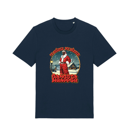 navy xmas t-shirt with the graphic of snoop dogg dressed as santa claus and the logan 'fo shizzle my nizzle gangsta wrapper'