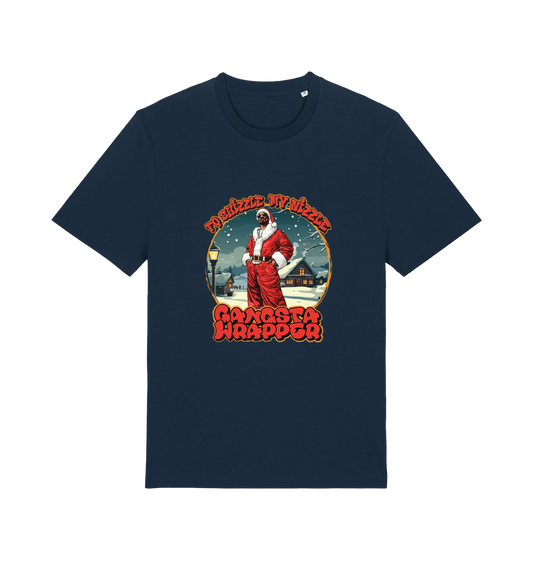 navy xmas t-shirt with the graphic of snoop dogg dressed as santa claus and the logan 'fo shizzle my nizzle gangsta wrapper'