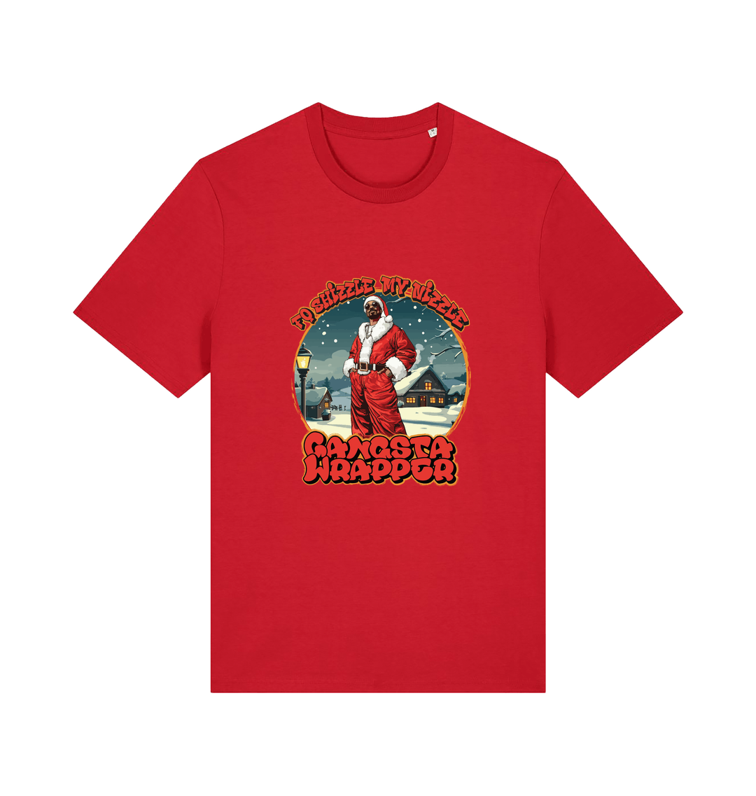 red xmas t-shirt with the graphic of snoop dogg dressed as santa claus and the logan 'fo shizzle my nizzle gangsta wrapper'