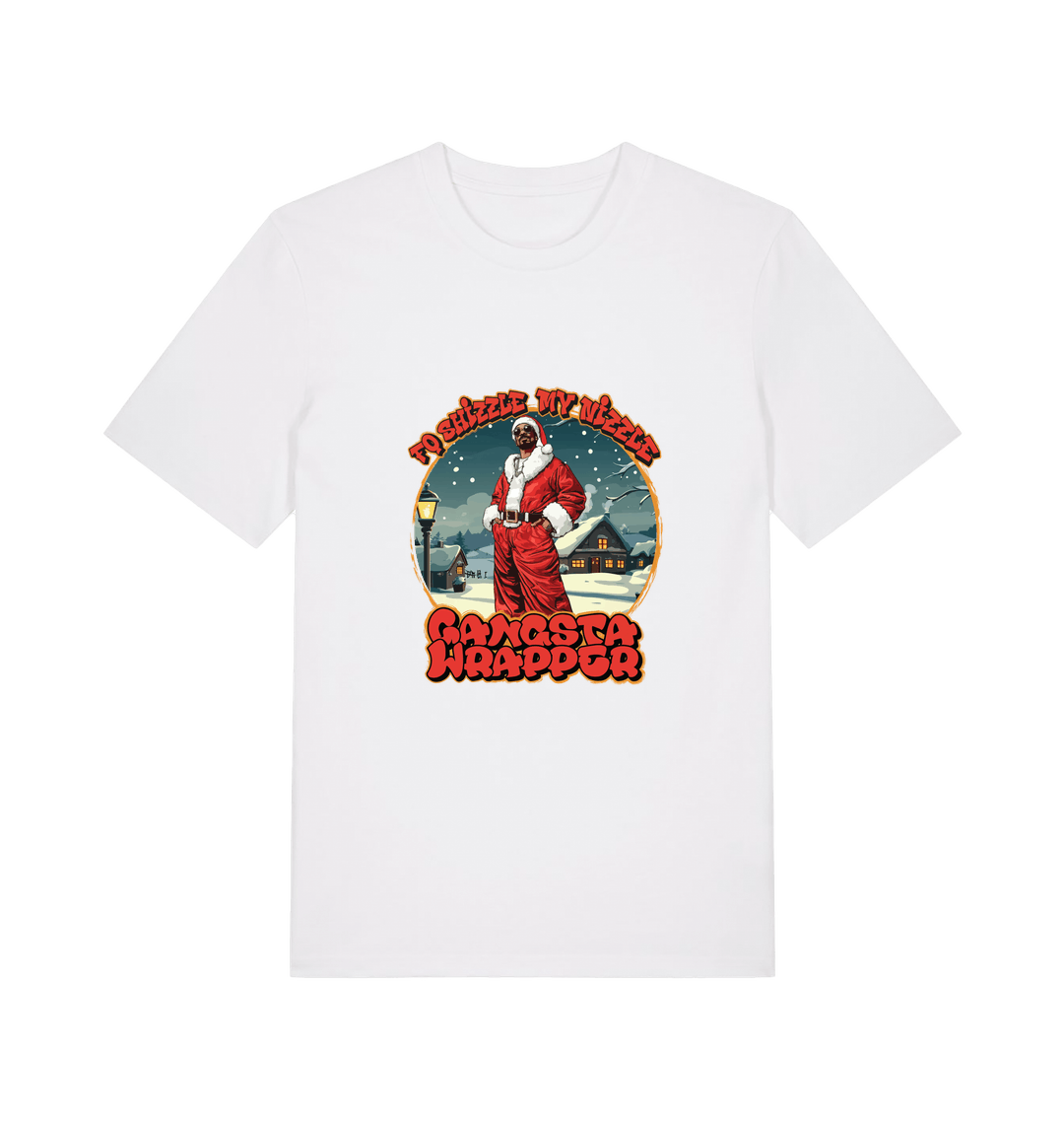 white xmas t-shirt with the graphic of snoop dogg dressed as santa claus and the logan 'fo shizzle my nizzle gangsta wrapper'