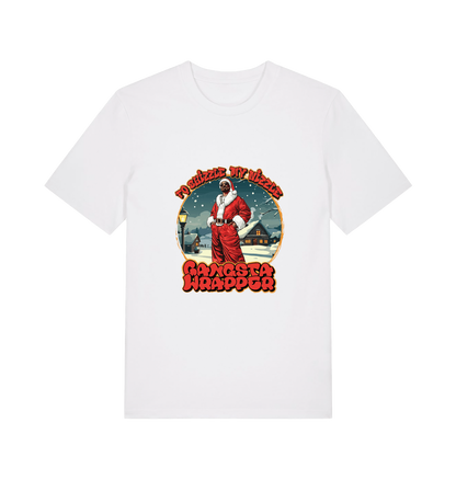 white xmas t-shirt with the graphic of snoop dogg dressed as santa claus and the logan 'fo shizzle my nizzle gangsta wrapper'