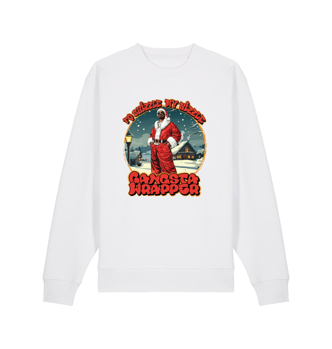 white christmas sweater with the graphic of snoop dogg in a santa outfit and the slogan 'fo shizzle my nizzle gangster wrapper'