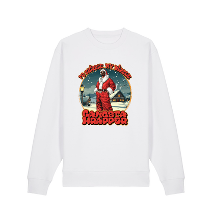 white christmas sweater with the graphic of snoop dogg in a santa outfit and the slogan 'fo shizzle my nizzle gangster wrapper'