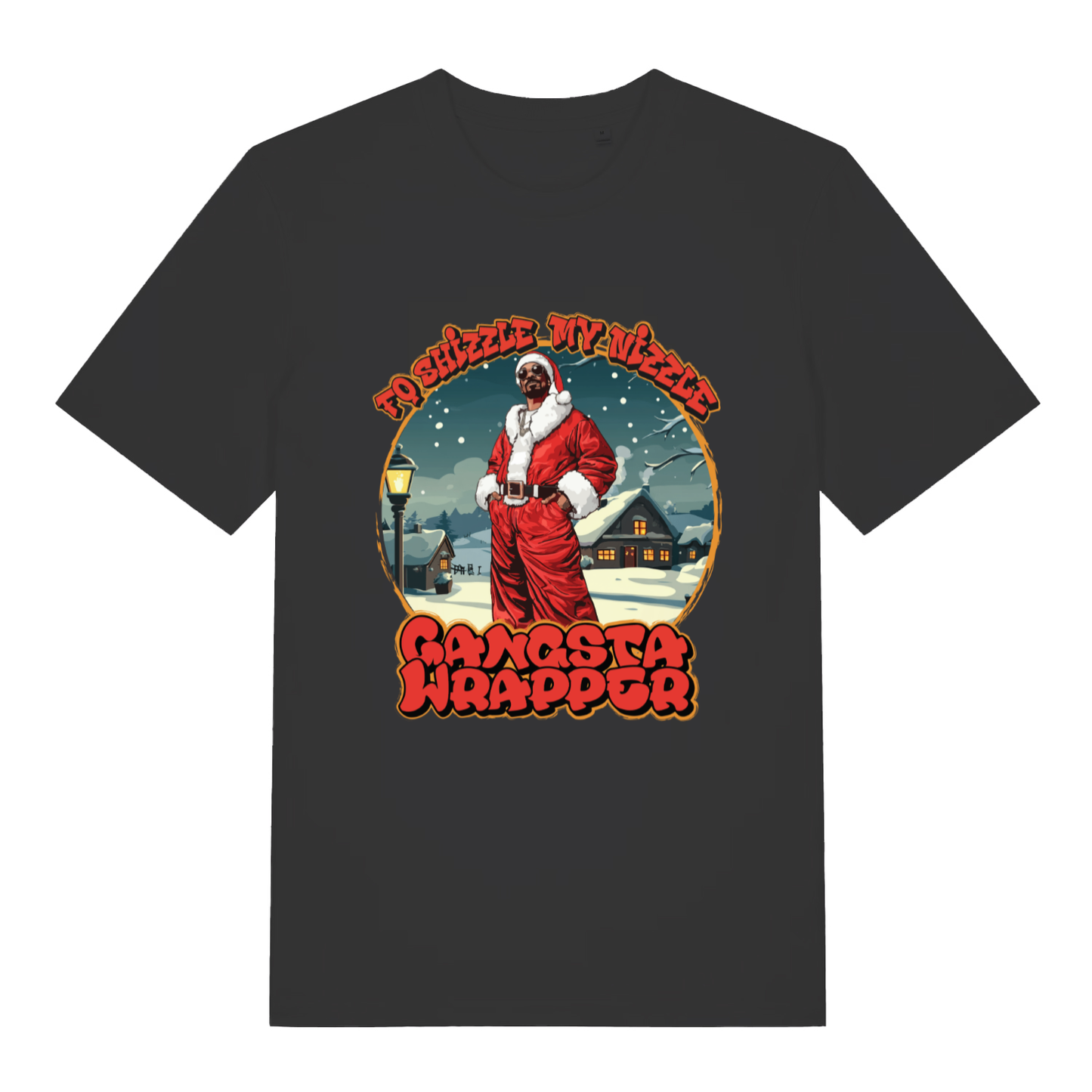 Black women's Fo Shizzle T-shirt flat lay with Snoop Dogg Santa "To Shizzle My Nizzle Gangsta Wrapper" graphic