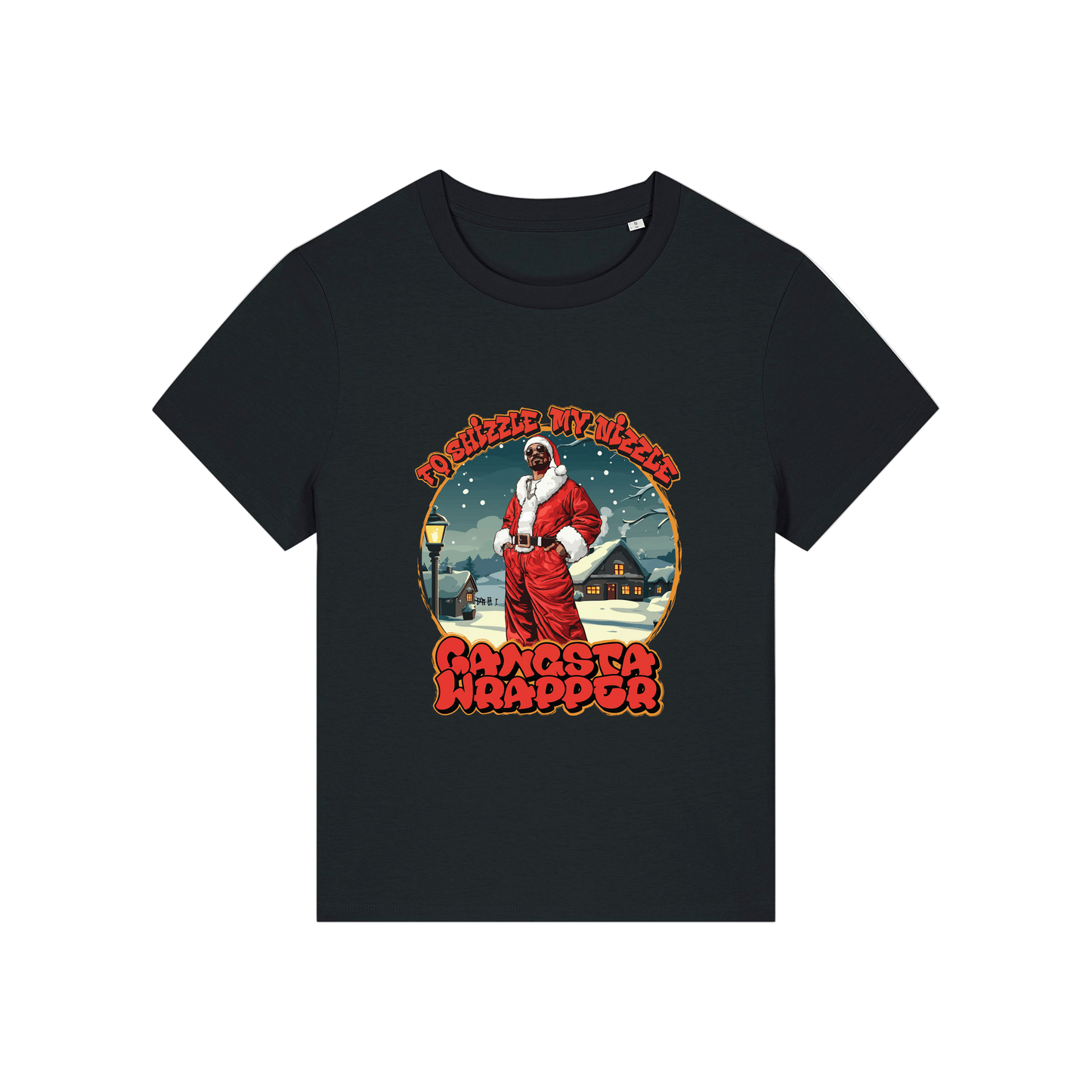 black christmas t-shirt with the graphic of snoop dogg dressed as santa and the slogan 'fo shizzle my nizzle gangster wrapper'