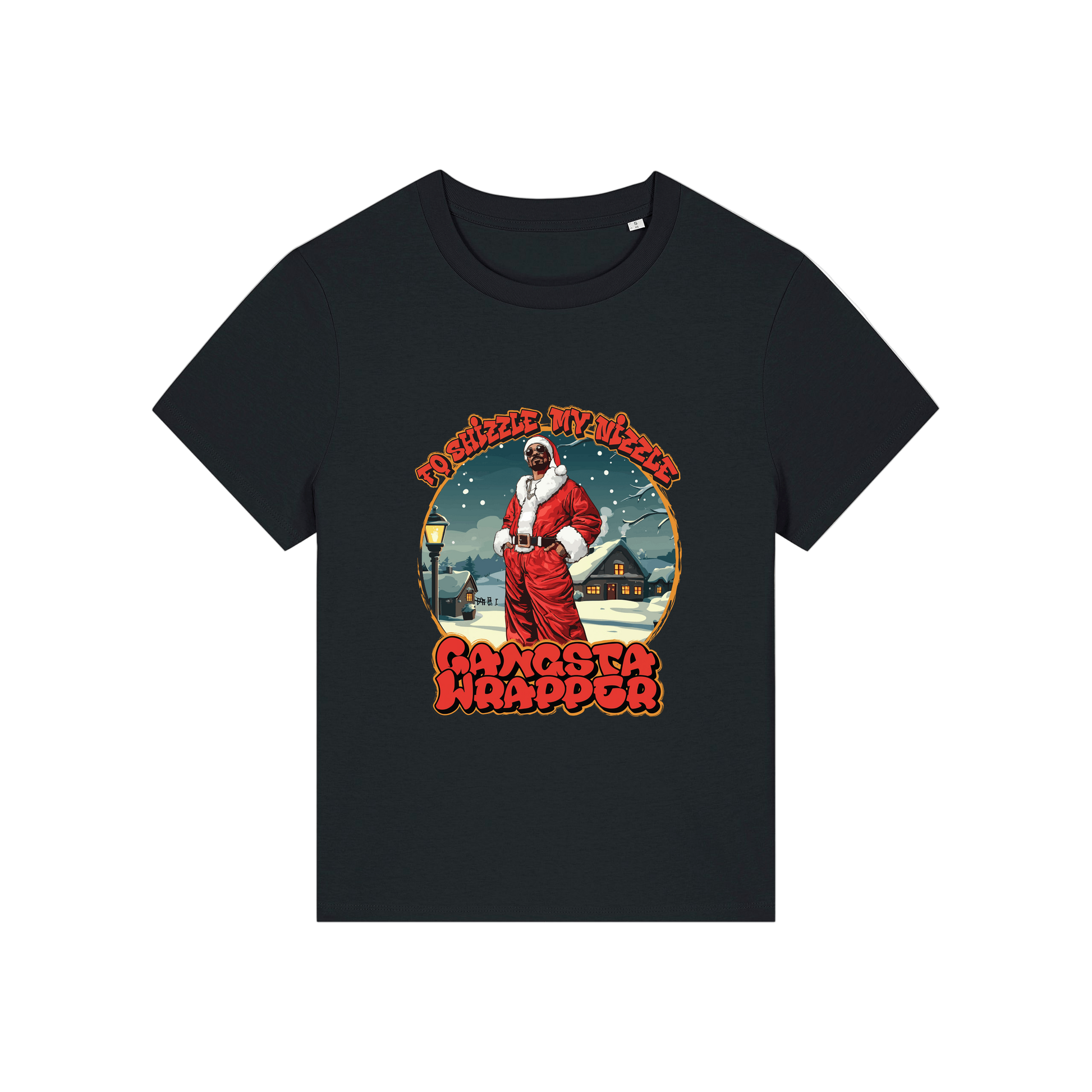 black christmas t-shirt with the graphic of snoop dogg dressed as santa and the slogan 'fo shizzle my nizzle gangster wrapper'