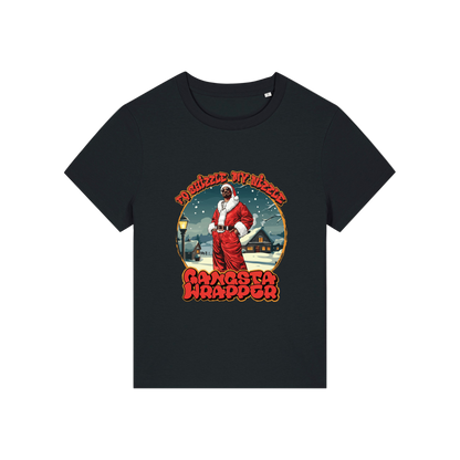 black christmas t-shirt with the graphic of snoop dogg dressed as santa and the slogan 'fo shizzle my nizzle gangster wrapper'