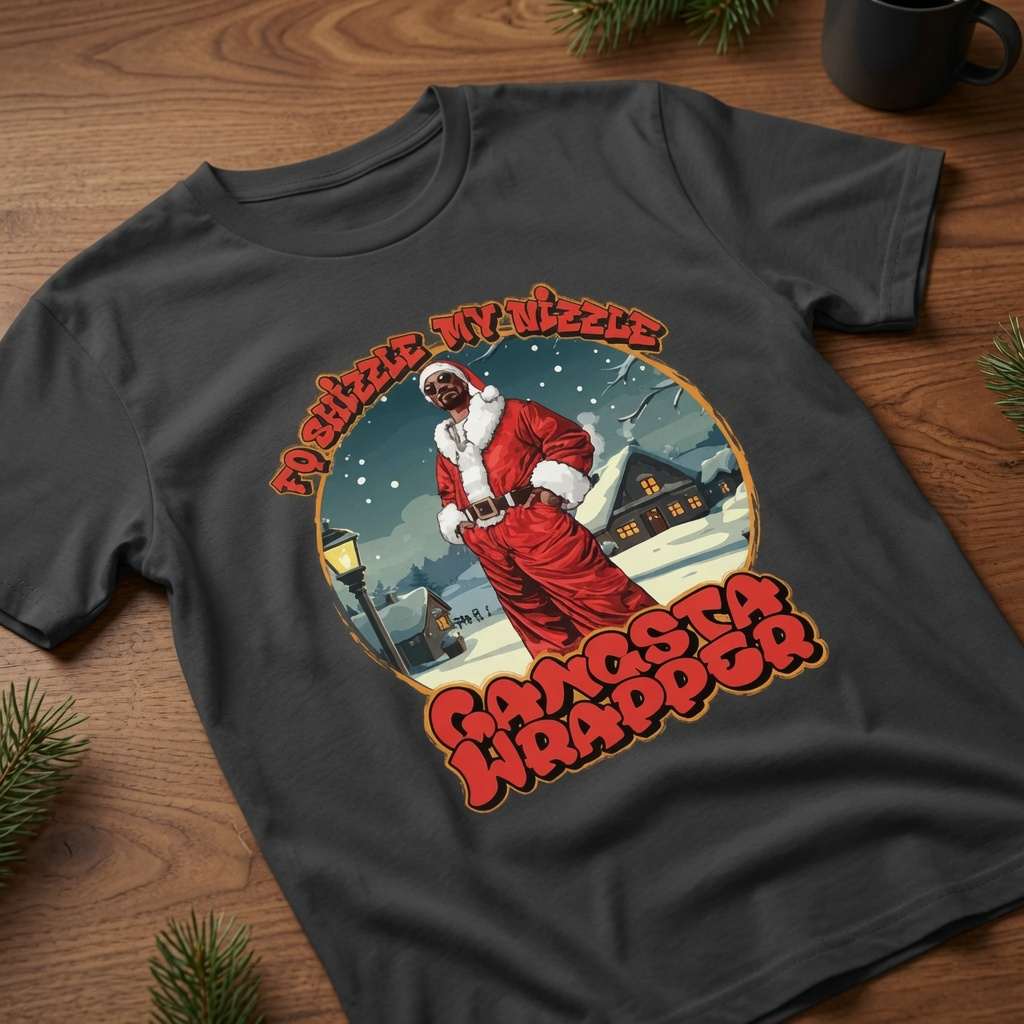 Black Fo Shizzle My Nizzle Gangsta Wrapper t-shirt on wood featuring Snoop Santa, funny witty christmas