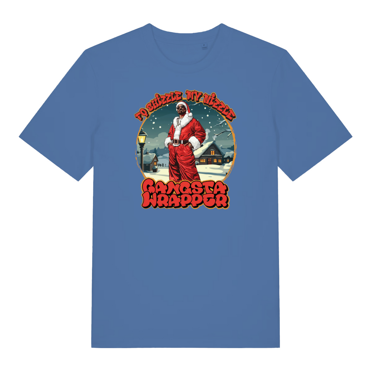 blue women's christmas t-shirt with the graphic of snoop dogg dressed as santa and the slogan 'fo shizzle my nizzle gangsta wrapper'