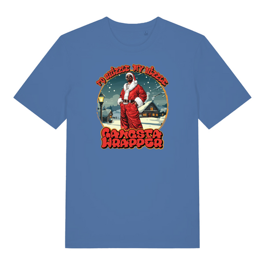 blue women's christmas t-shirt with the graphic of snoop dogg dressed as santa and the slogan 'fo shizzle my nizzle gangsta wrapper'