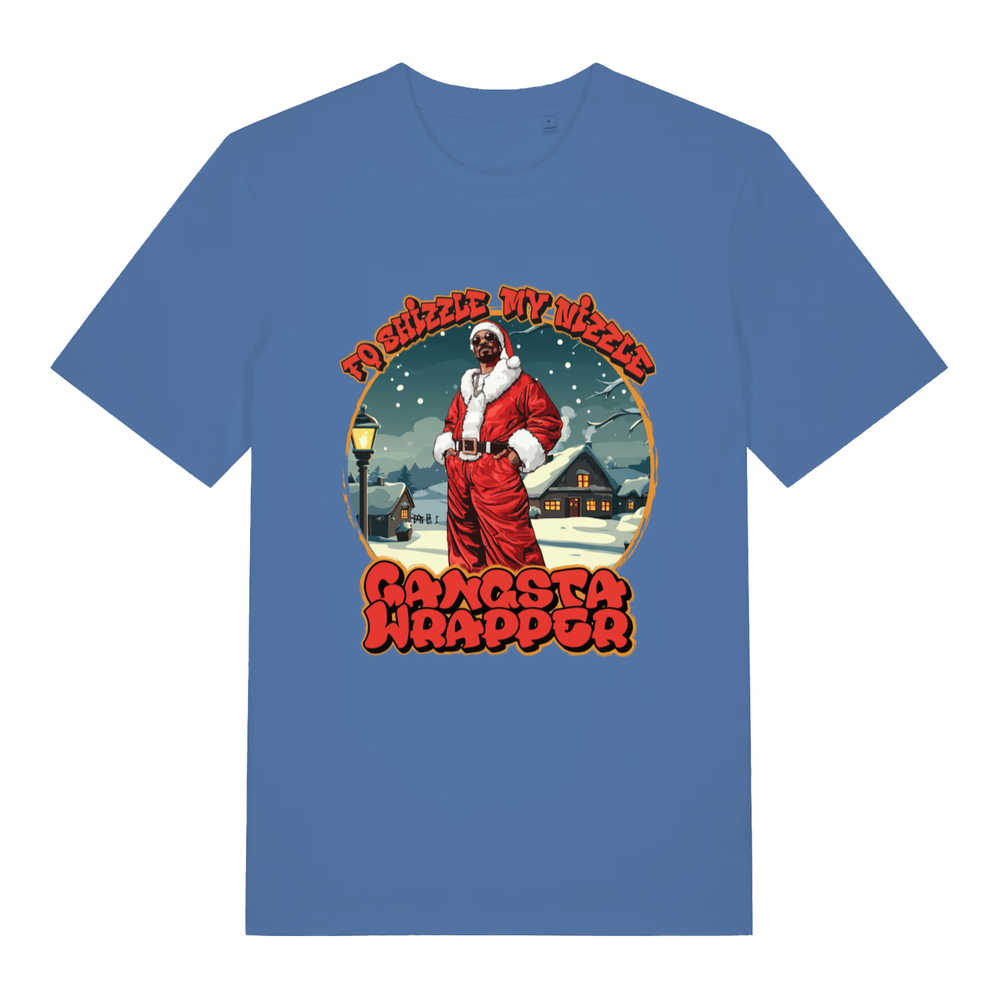 Bright Blue women's Fo Shizzle T-shirt flat lay featuring funny Christmas Gangsta Wrapper design