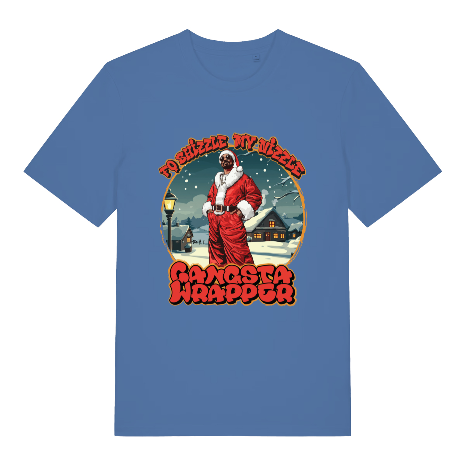 Bright Blue women's Fo Shizzle T-shirt flat lay featuring funny Christmas Gangsta Wrapper design