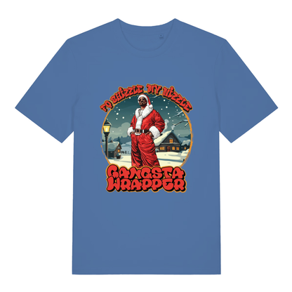 Bright Blue women's Fo Shizzle T-shirt flat lay featuring funny Christmas Gangsta Wrapper design
