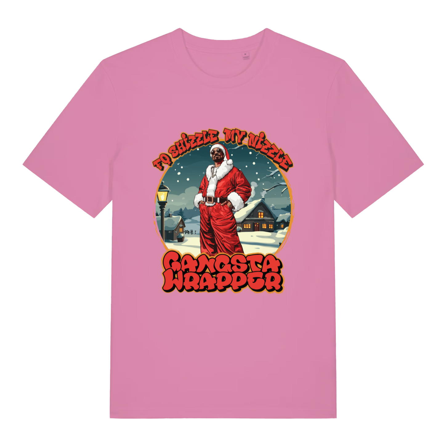 Bubble Pink women's Fo Shizzle T-shirt flat lay showing Snoop as Santa festive illustration