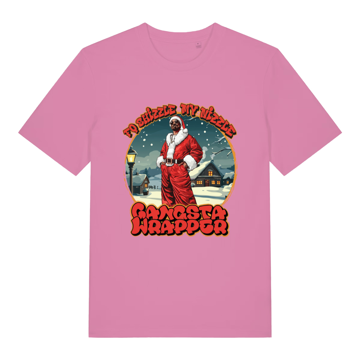 Bubble Pink women's Fo Shizzle T-shirt flat lay showing Snoop as Santa festive illustration