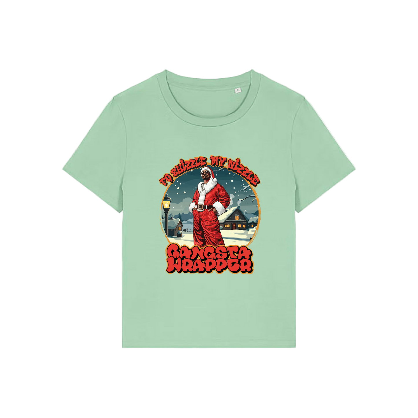 green christmas t-shirt with the graphic of snoop dogg dressed as santa and the slogan 'fo shizzle my nizzle gangster wrapper'