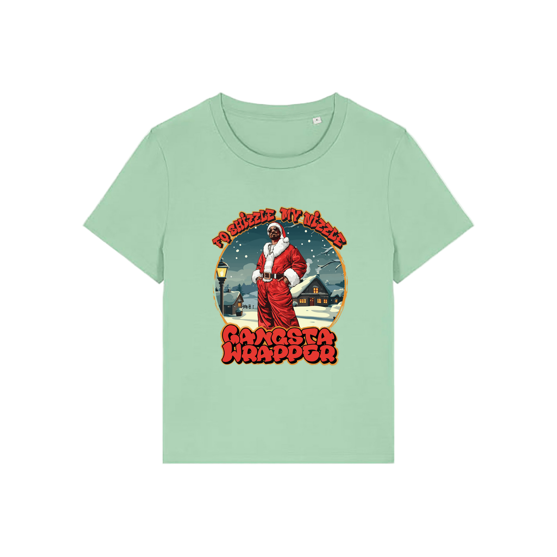 green christmas t-shirt with the graphic of snoop dogg dressed as santa and the slogan 'fo shizzle my nizzle gangster wrapper'