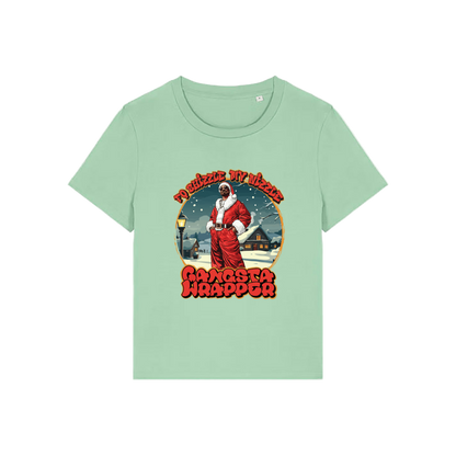 green christmas t-shirt with the graphic of snoop dogg dressed as santa and the slogan 'fo shizzle my nizzle gangster wrapper'