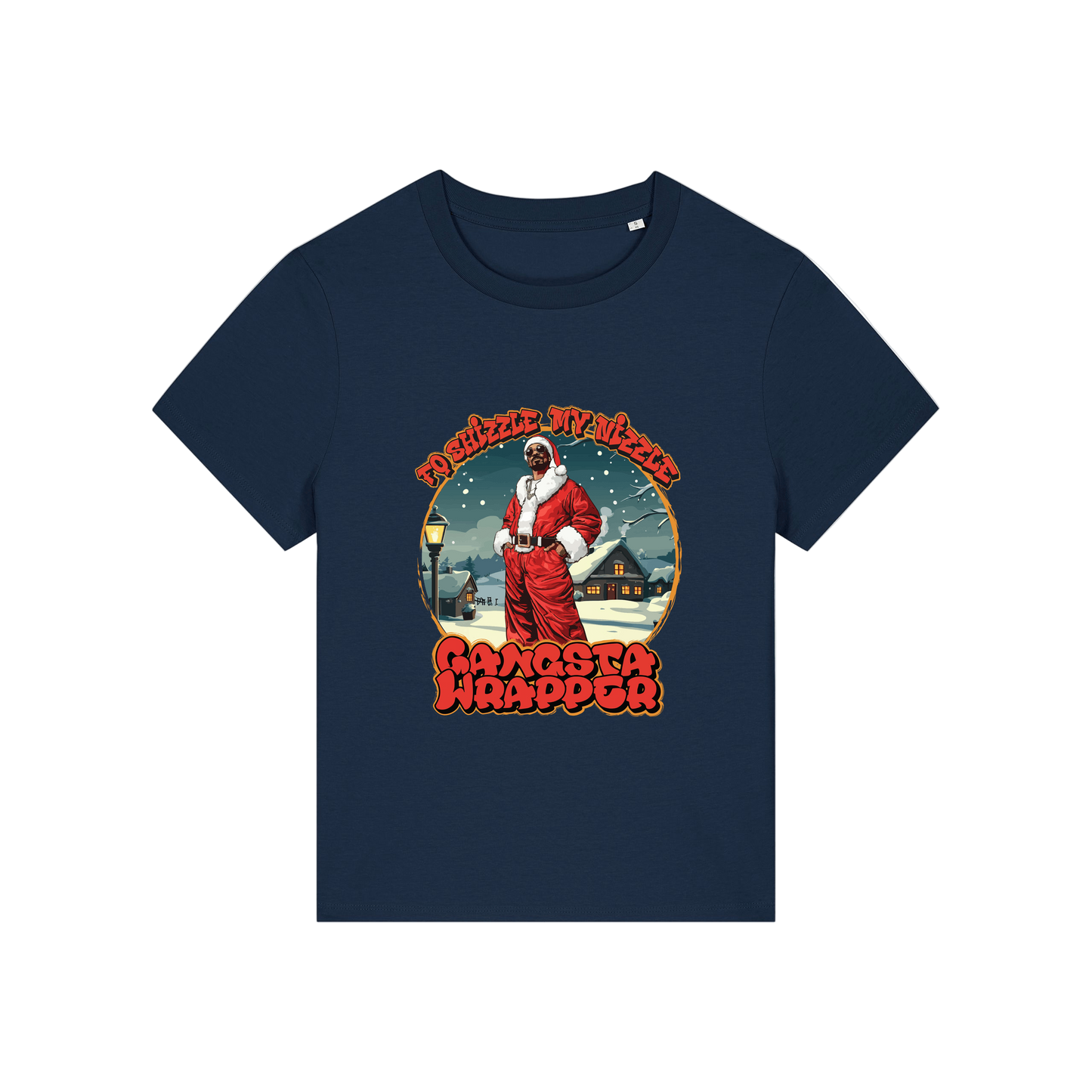 navy christmas t-shirt with the graphic of snoop dogg dressed as santa and the slogan 'fo shizzle my nizzle gangster wrapper'