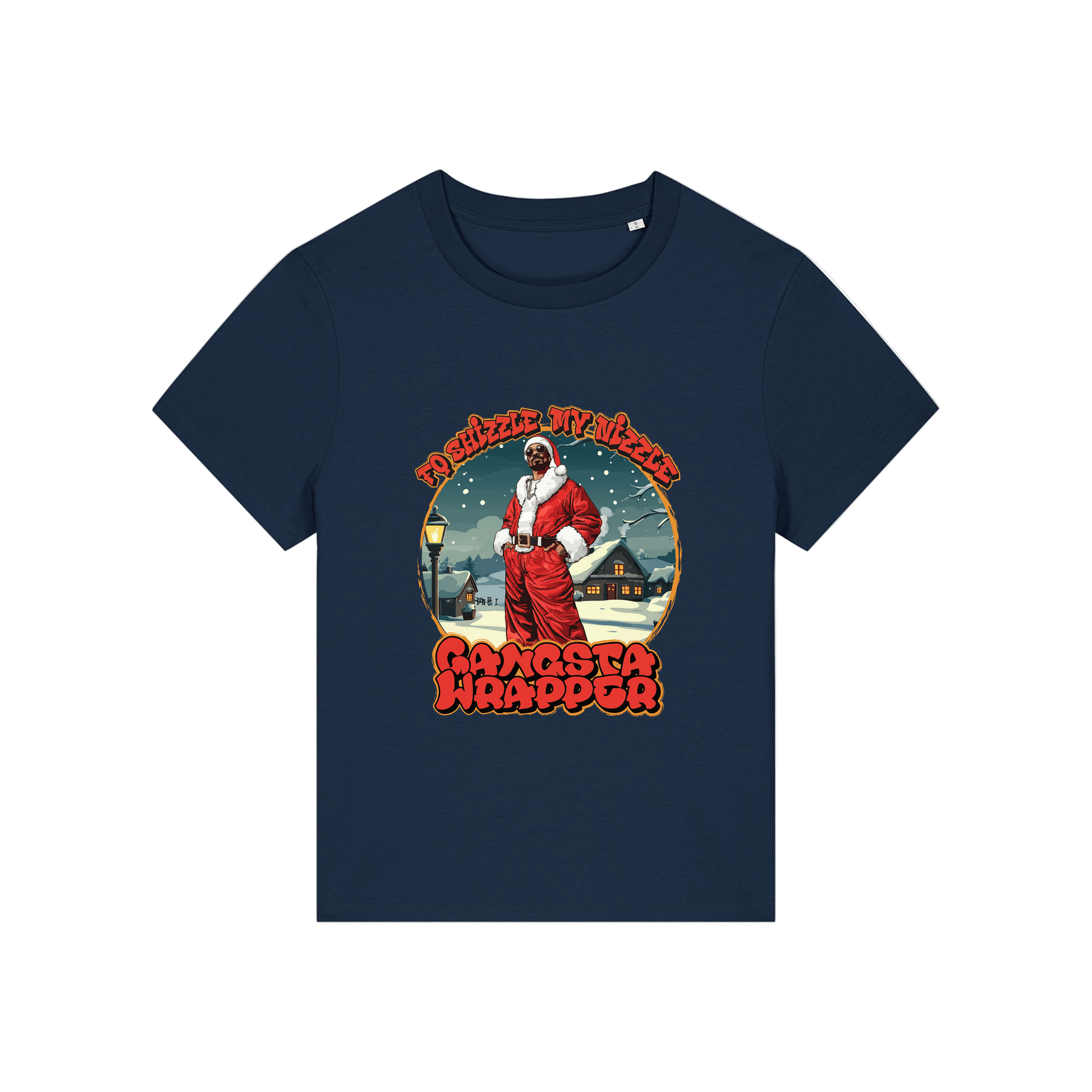 navy christmas t-shirt with the graphic of snoop dogg dressed as santa and the slogan 'fo shizzle my nizzle gangster wrapper'