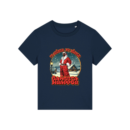 navy christmas t-shirt with the graphic of snoop dogg dressed as santa and the slogan 'fo shizzle my nizzle gangster wrapper'