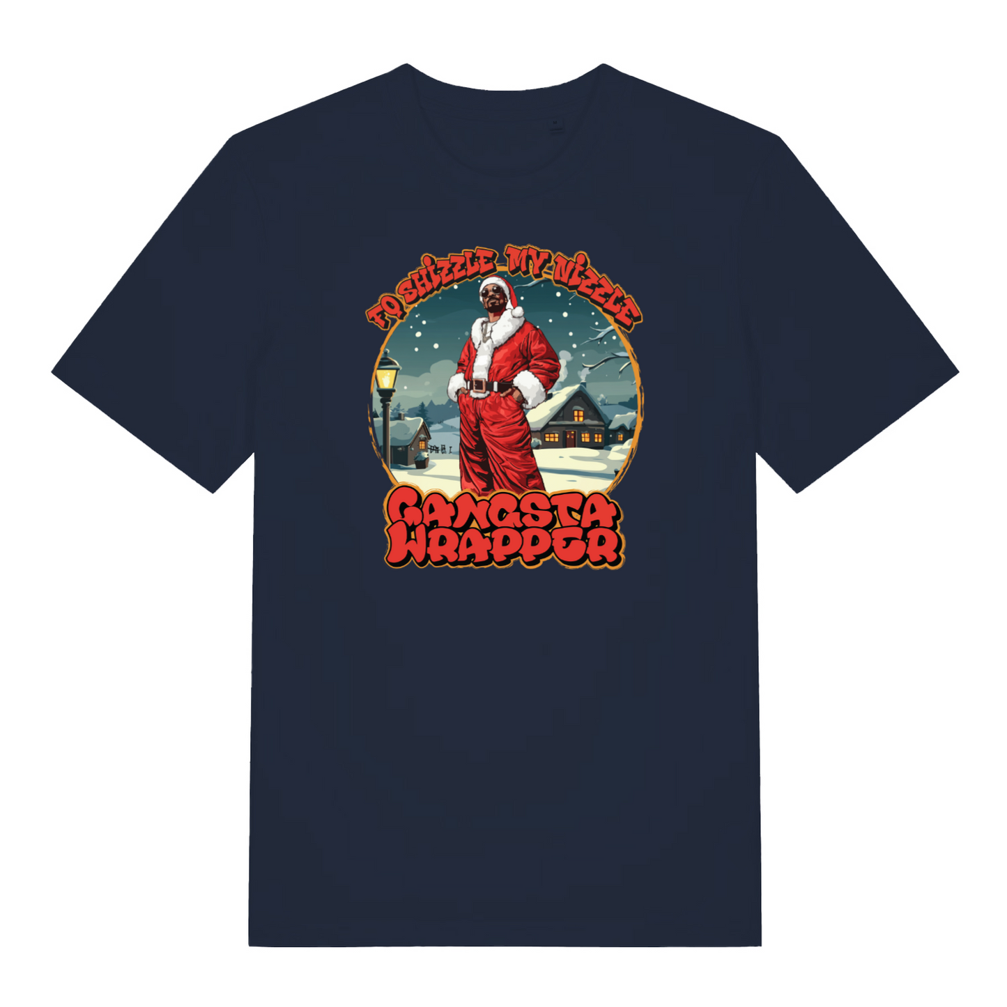 navy women's christmas t-shirt with the graphic of snoop dogg dressed as santa and the slogan 'fo shizzle my nizzle gangsta wrapper'