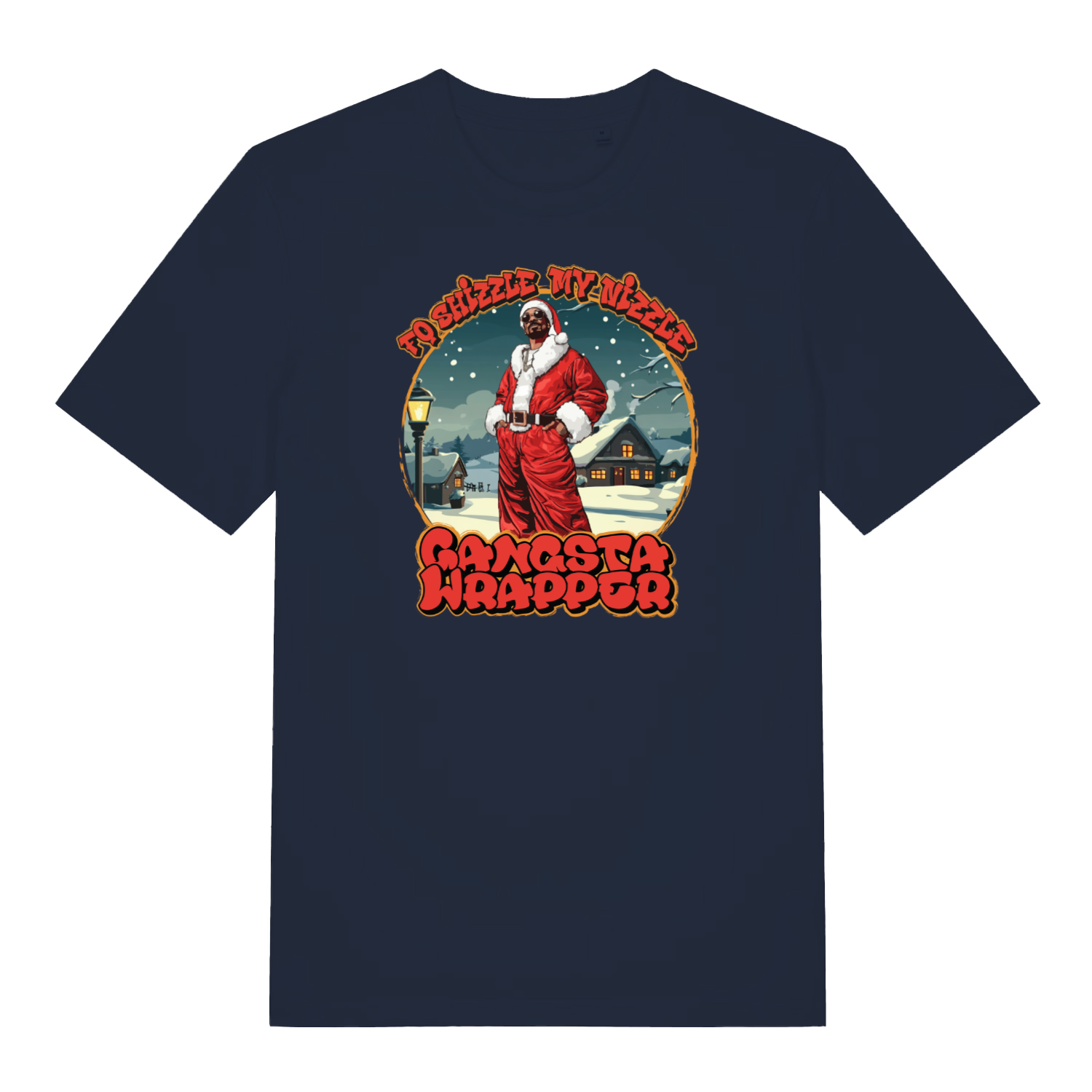 navy women's christmas t-shirt with the graphic of snoop dogg dressed as santa and the slogan 'fo shizzle my nizzle gangsta wrapper'