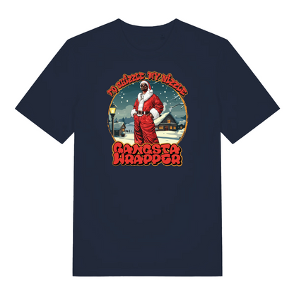 navy women's christmas t-shirt with the graphic of snoop dogg dressed as santa and the slogan 'fo shizzle my nizzle gangsta wrapper'