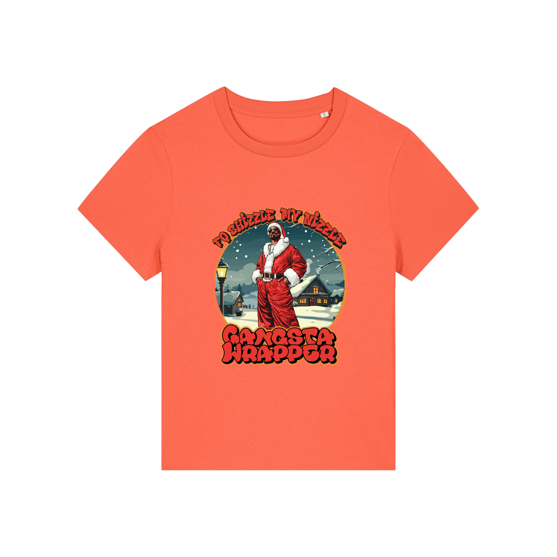 orange christmas t-shirt with the graphic of snoop dogg dressed as santa and the slogan 'fo shizzle my nizzle gangster wrapper'