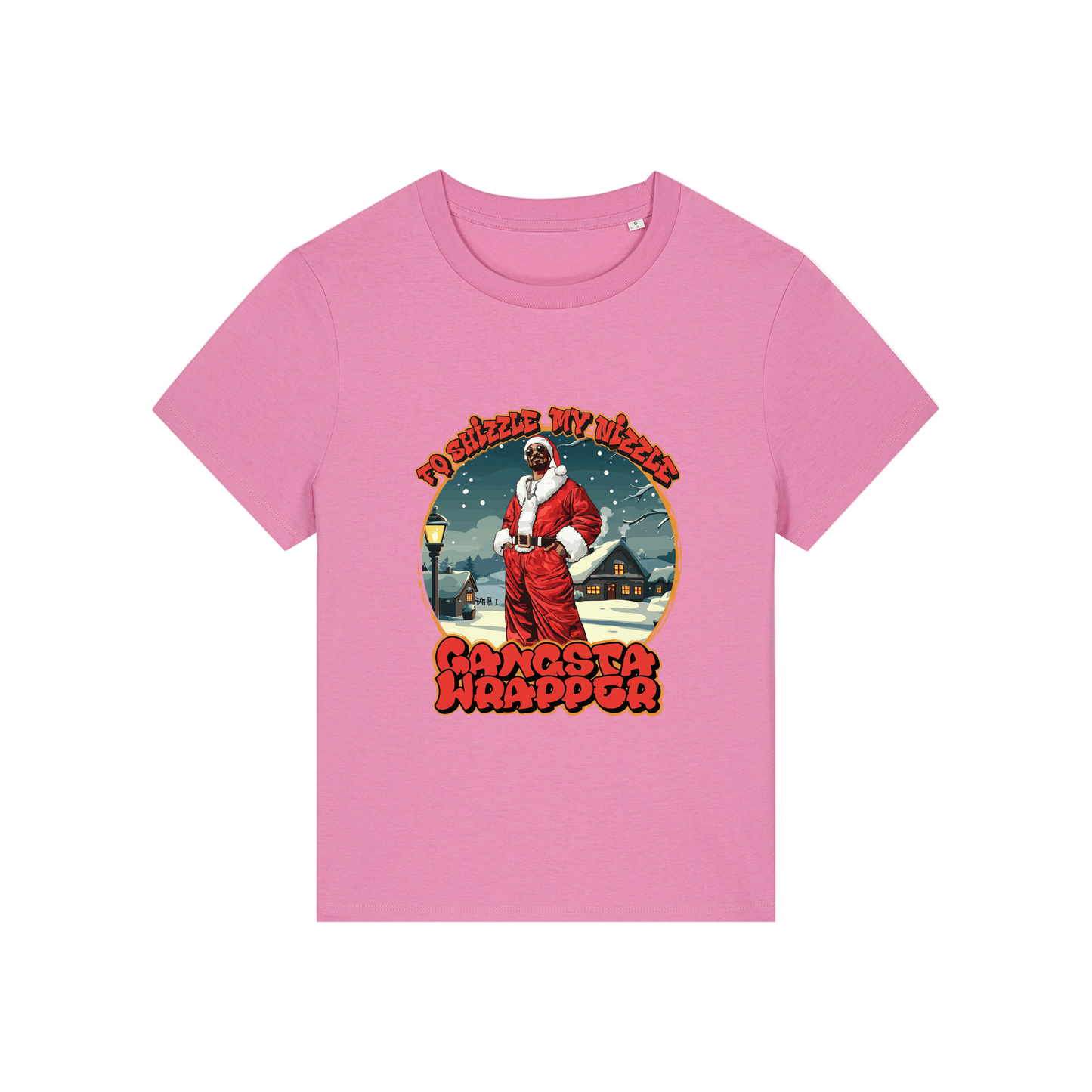 pink christmas t-shirt with the graphic of snoop dogg dressed as santa and the slogan 'fo shizzle my nizzle gangster wrapper'