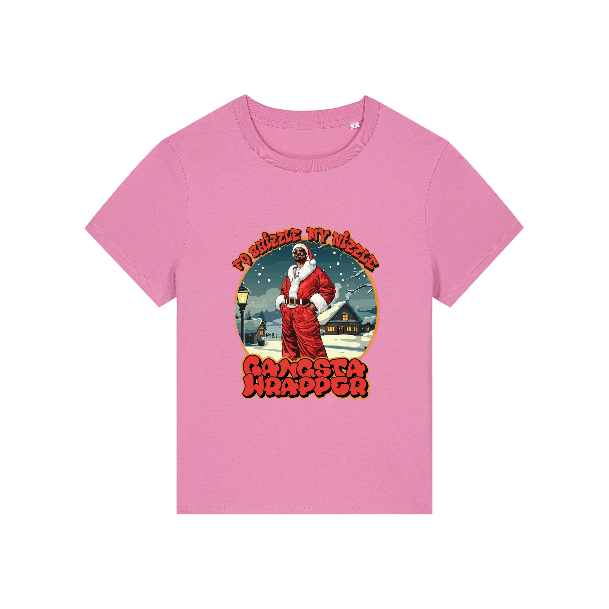 pink christmas t-shirt with the graphic of snoop dogg dressed as santa and the slogan 'fo shizzle my nizzle gangster wrapper'