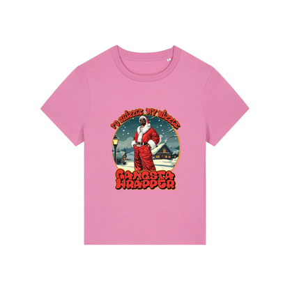 pink christmas t-shirt with the graphic of snoop dogg dressed as santa and the slogan 'fo shizzle my nizzle gangster wrapper'