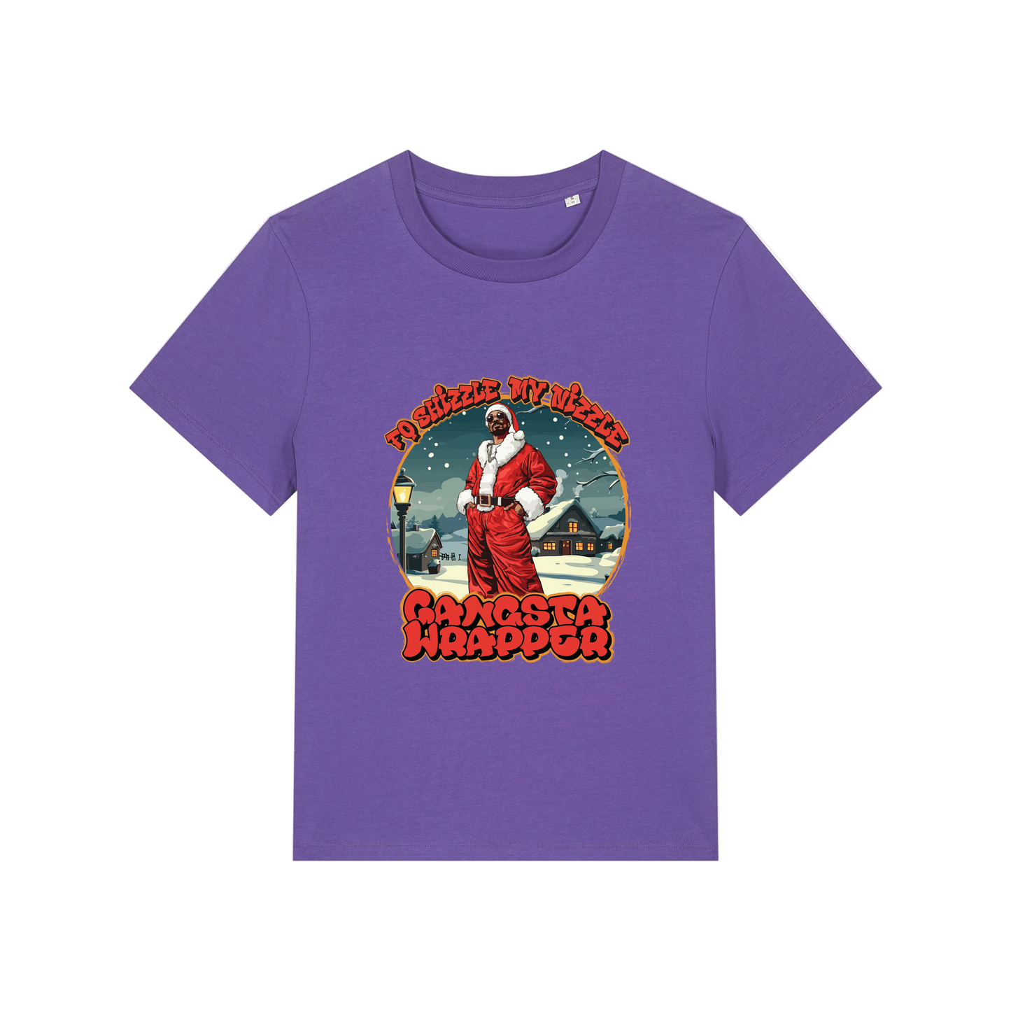 purple christmas t-shirt with the graphic of snoop dogg dressed as santa and the slogan 'fo shizzle my nizzle gangster wrapper'
