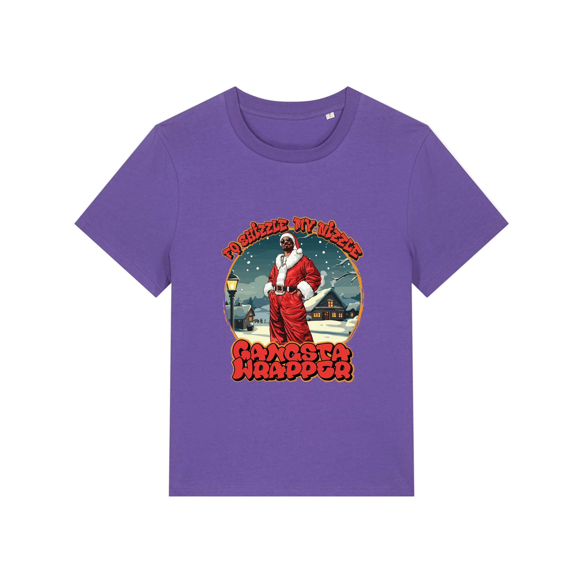 purple christmas t-shirt with the graphic of snoop dogg dressed as santa and the slogan 'fo shizzle my nizzle gangster wrapper'