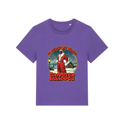 purple christmas t-shirt with the graphic of snoop dogg dressed as santa and the slogan 'fo shizzle my nizzle gangster wrapper'